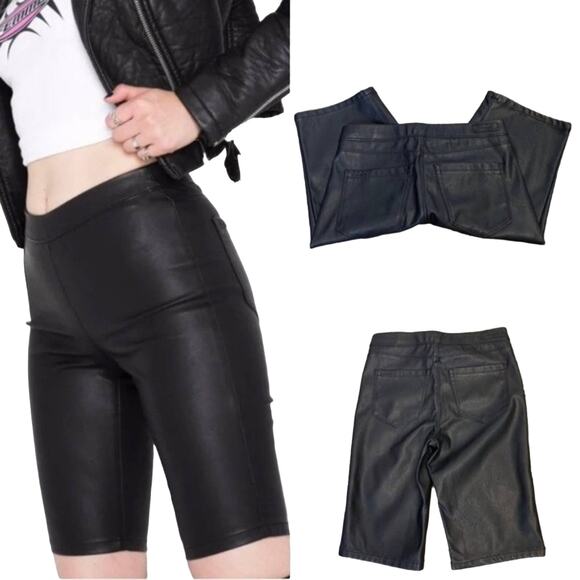 BLANKNYC Vegan Leather Bike shorts Stretch black Sz 26 banded waist flat front - Picture 3 of 15